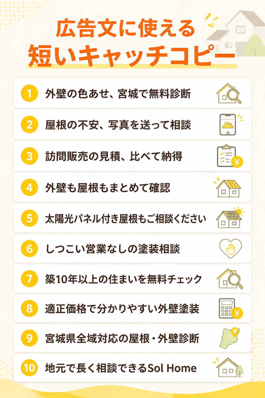 広告文に使える短いキャッチコピー 10個
1 外壁の色あせ、宮城で無料診断
2 屋根の不安、写真を送って相談
3 訪問販売の見積、比べて納得
4 外壁も屋根もまとめて確認
5 太陽光パネル付き屋根もご相談ください
6 しつこい営業なしの塗装相談
7 築10年以上の住まいを無料チェック
8 適正価格で分かりやすい外壁塗装
9 宮城県全域対応の屋根・外壁診断
10 地元で長く相談できるSol Home