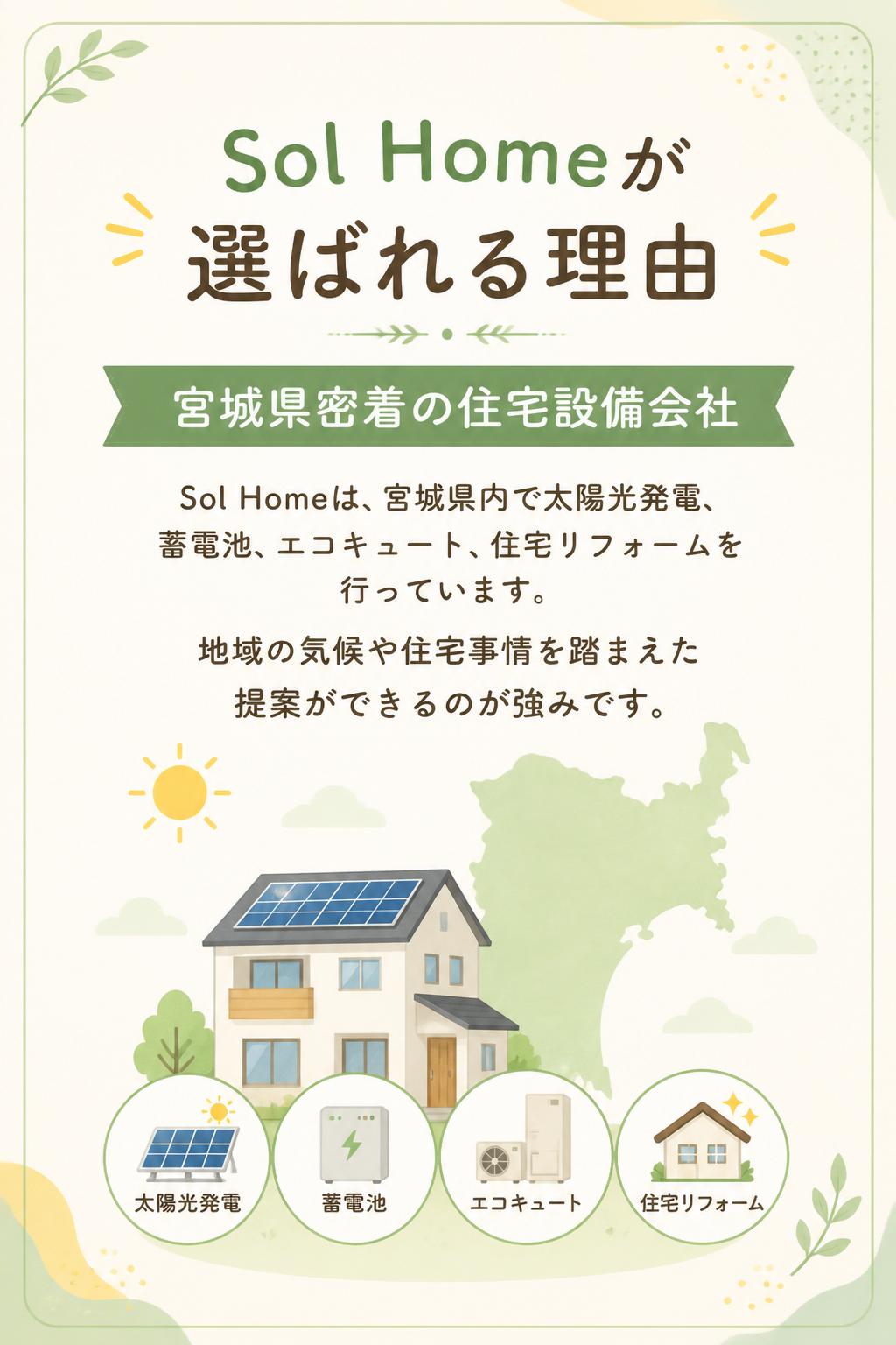 ## Sol Homeが選ばれる理由

### 宮城県密着の住宅設備会社

Sol Homeは、宮城県内で太陽光発電・蓄電池・エコキュート・住宅リフォームを行っています。
地域の気候や住宅事情を踏まえた提案ができるのが強みです。