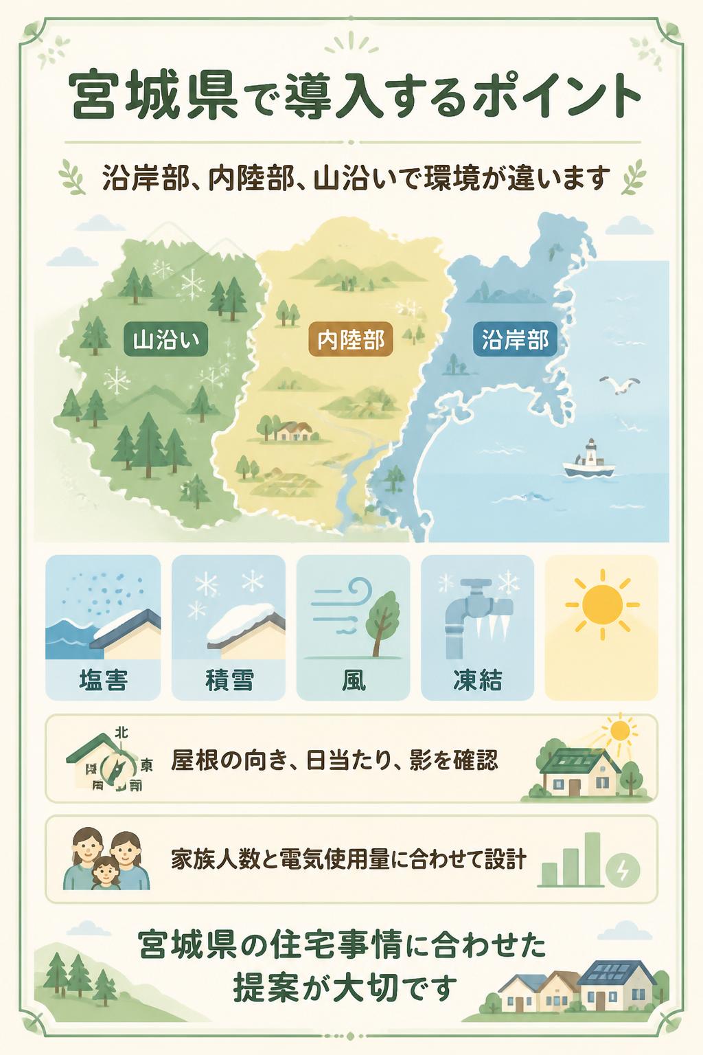 宮城県で導入するポイント。沿岸部、内陸部、山沿いでは環境が違います。塩害、積雪、風、凍結なども考慮が必要です。屋根の向き、日当たり、影、家族人数、電気使用量に合わせた設計が大切です。宮城県の住宅事情に合わせてご提案します。