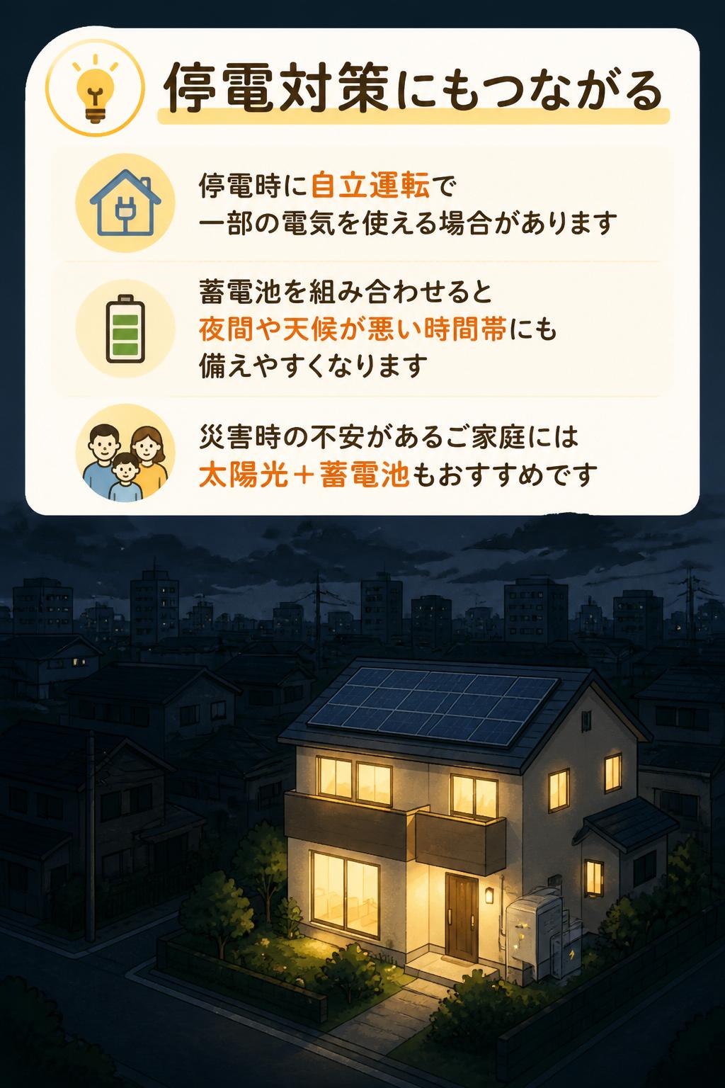 4. 停電対策にもつながる

太陽光発電は、停電時に自立運転で一部の電気を使える場合があります。
さらに蓄電池を組み合わせることで、夜間や天候が悪い時間帯にも備えやすくなります。

災害時の不安があるご家庭には、太陽光＋蓄電池の組み合わせもおすすめです。