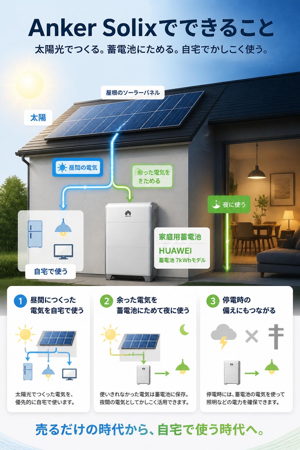 Anker Solixでできること。太陽光でつくる。蓄電池にためる。自宅でかしこく使う。昼間につくった電気を自宅で使い、余った電気を蓄電池にためて夜に使う。売るだけの時代から、自宅で使う時代へ。停電時の備えにもつながります。