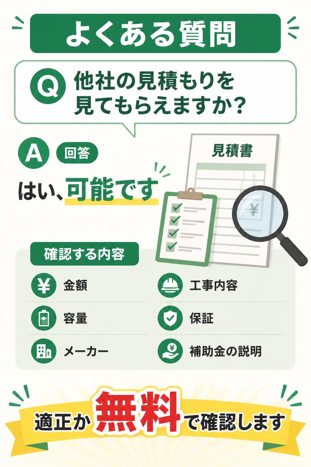 ### Q. 他社の見積もりを見てもらえますか?
はい、可能です。
金額、容量、メーカー、工事内容、保証、補助金の説明が適正か確認します。