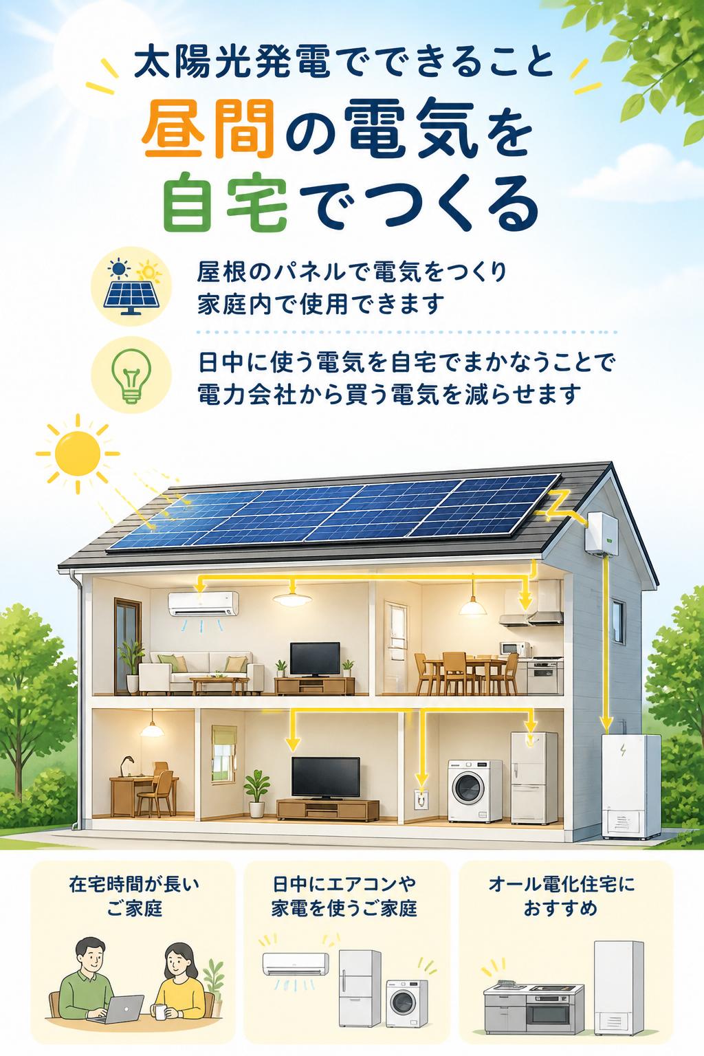太陽光発電でできること

1. 昼間の電気を自宅でつくる

太陽光発電は、屋根に設置したパネルで電気をつくり、家庭内で使用する設備です。
日中に使う電気を自宅でまかなうことで、電力会社から買う電気を減らすことができます。

特に、在宅時間が長いご家庭、日中にエアコンや家電を使うご家庭、オール電化住宅ではメリットを感じやすい場合があります。