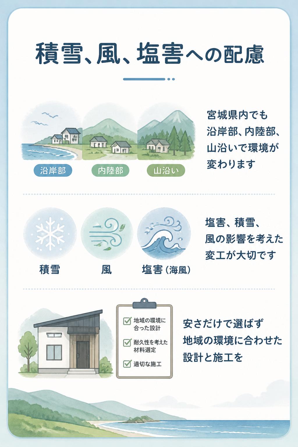 積雪・風・塩害への配慮

宮城県内でも、沿岸部・内陸部・山沿いで環境が変わります。
塩害、積雪、風の影響を考えた施工が大切です。

安さだけで選ぶのではなく、地域の環境に合わせた設計と施工が重要です。