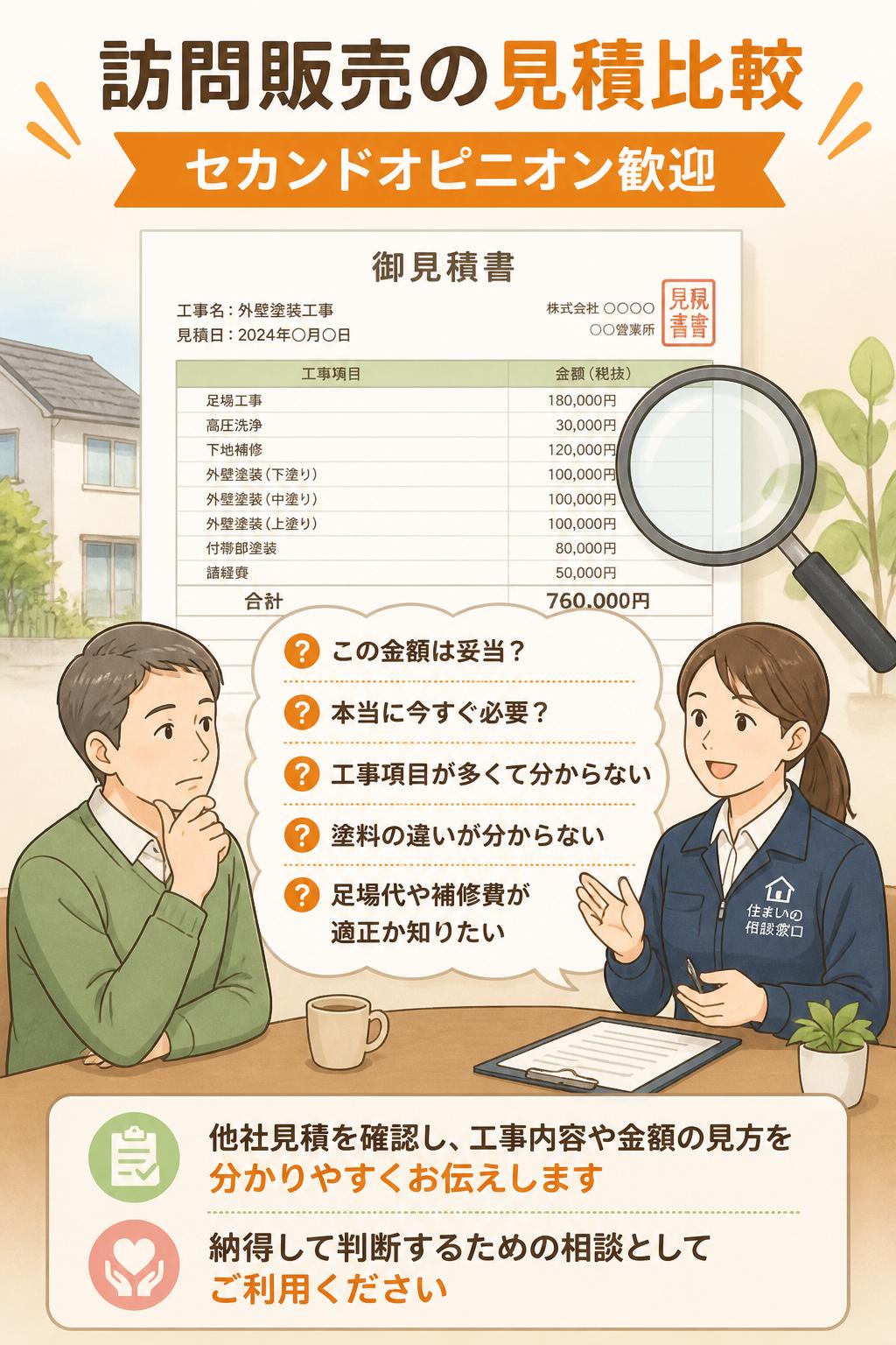 訪問販売の見積比較・セカンドオピニオン歓迎
この金額は妥当？
本当に今すぐ必要？
工事項目が多くて分からない
塗料の違いが分からない
足場代や補修費が適正か知りたい
他社見積を見せていただければ、工事内容や金額の見方を分かりやすくお伝えします。契約を急がせるためではなく、納得して判断するための相談としてご利用ください。