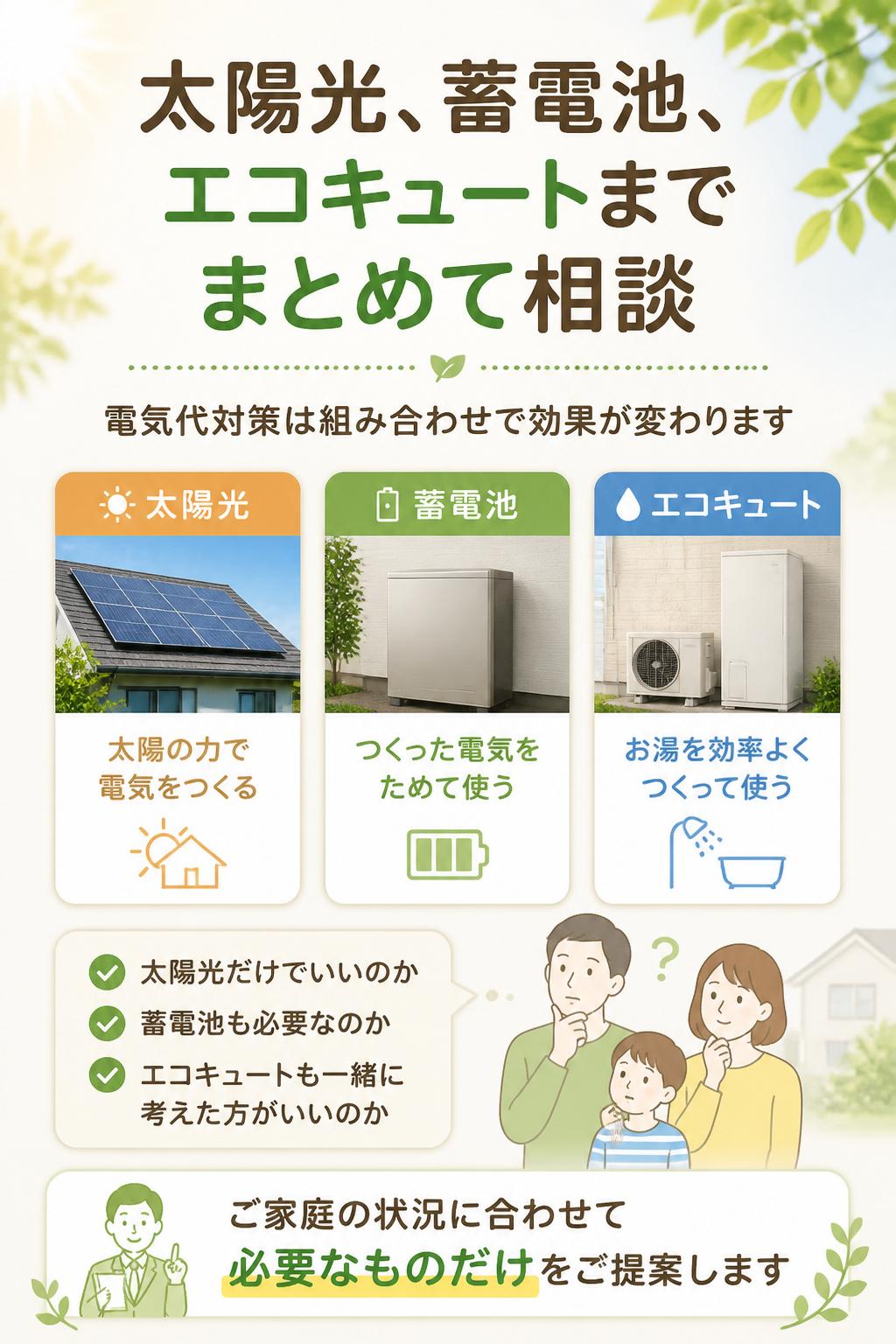 太陽光・蓄電池・エコキュートまでまとめて相談できる

電気代対策は、太陽光だけでなく、蓄電池やエコキュートとの組み合わせで効果が変わります。

「太陽光だけでいいのか」
「蓄電池も必要なのか」
「エコキュートも一緒に考えた方がいいのか」

ご家庭の状況に合わせて、必要なものだけをご提案します。