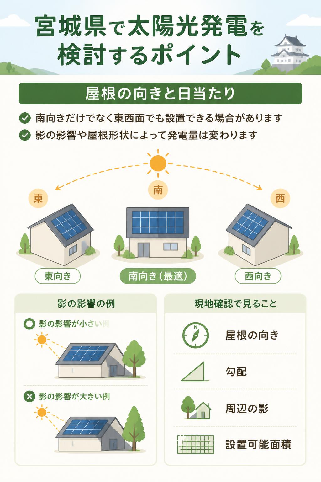 宮城県で太陽光発電を検討するポイント

屋根の向き・日当たり

太陽光発電は、南向きの屋根だけでなく、東西面でも設置できる場合があります。
ただし、影の影響や屋根形状によって発電量が変わります。

現地確認では、屋根の向き・勾配・周辺の影・設置可能面積を確認します。
