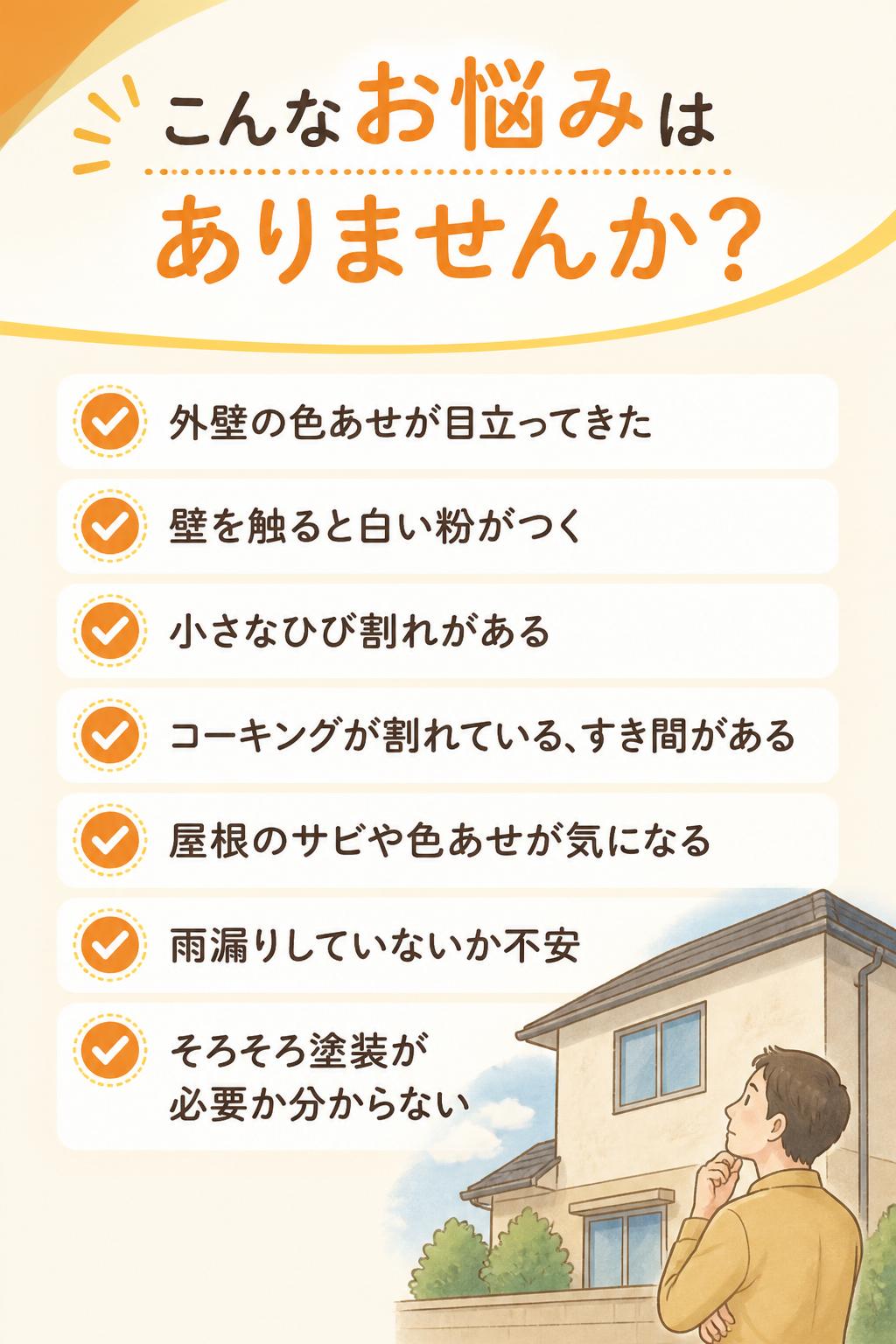 こんなお悩みはありませんか？
外壁の色あせが目立ってきた
壁を触ると白い粉がつく
小さなひび割れがある
コーキングが割れている、すき間がある
屋根のサビや色あせが気になる
雨漏りしていないか不安
そろそろ塗装が必要か分からない