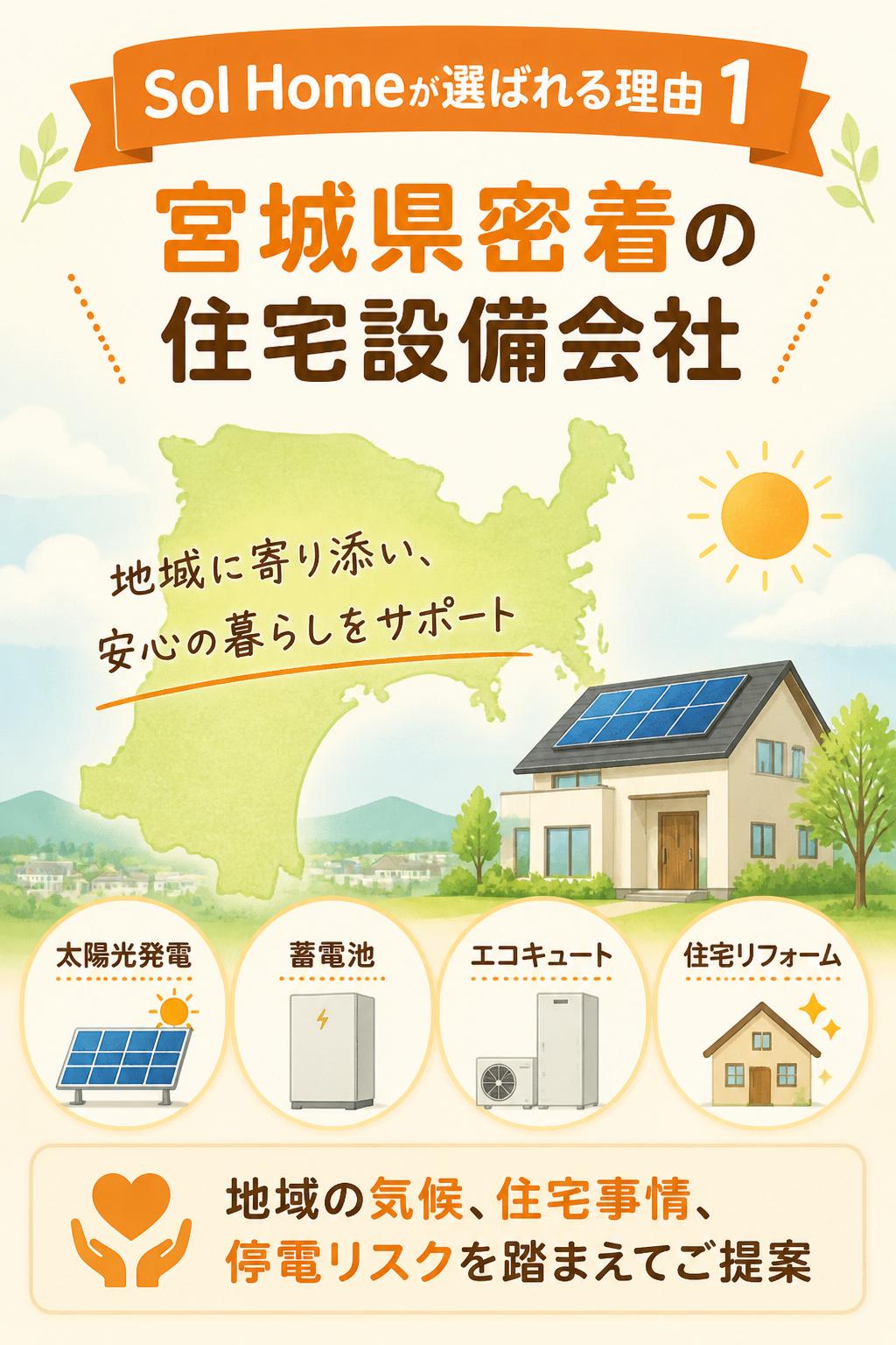 ## Sol Homeが選ばれる理由
### 宮城県密着の住宅設備会社
Sol Homeは、宮城県内で太陽光発電・蓄電池・エコキュート・住宅リフォームを行っています。
地域の気候、住宅事情、停電リスクを踏まえたうえで、ご家庭に合う蓄電池をご提案します。