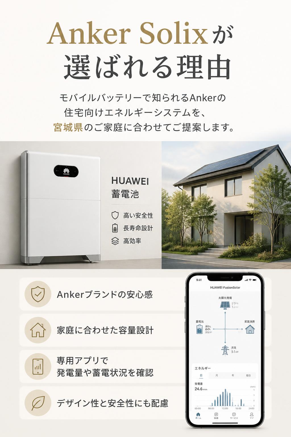 Anker Solixが選ばれる理由。モバイルバッテリーで知られるAnkerの住宅向けエネルギーシステムを、宮城県のご家庭に合わせてご提案します。Ankerブランドの安心感。家庭に合わせた容量設計。専用アプリで発電量や蓄電状況を確認。住宅設備としてデザイン性、安全性にも配慮。