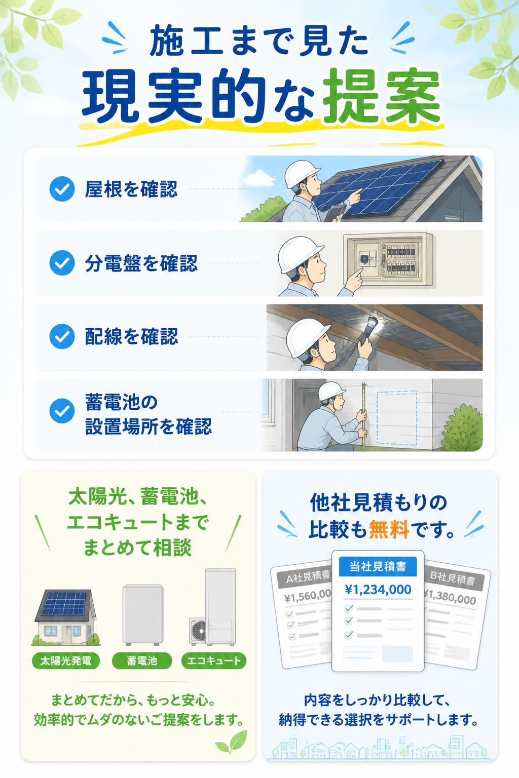 Sol Homeは営業だけで終わらず、施工まで見た提案を行います。屋根、分電盤、配線、蓄電池の設置場所まで確認。太陽光、蓄電池、エコキュートまでまとめて相談できます。他社見積もりの比較も無料です。