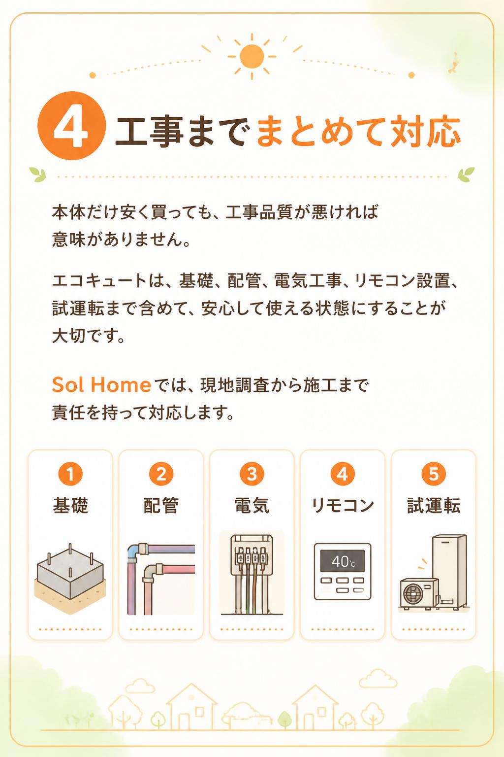 ### 4. 工事までまとめて対応

本体だけ安く買っても、工事品質が悪ければ意味がありません。
エコキュートは、基礎・配管・電気工事・リモコン設置・試運転まで含めて、安心して使える状態にすることが大切です。

Sol Homeでは、現地調査から施工まで責任を持って対応します。