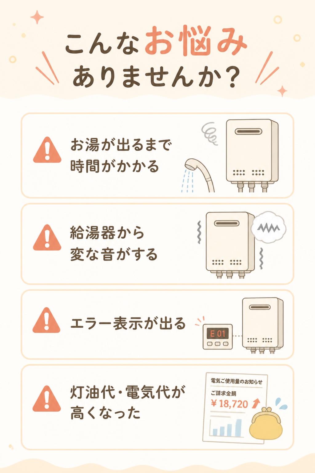 ## こんなお悩みありませんか？

* お湯が出るまで時間がかかる
* 給湯器から変な音がする
* エラー表示が出る
* 灯油代・電気代が高くなった