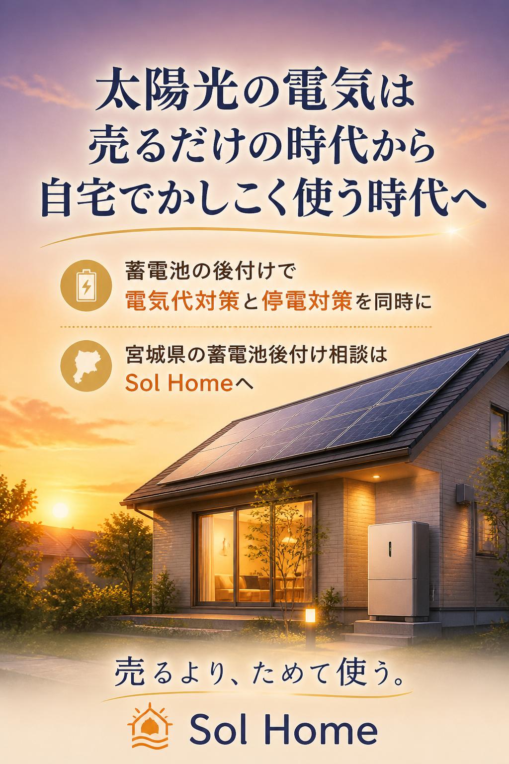 ## 最後に
太陽光の電気は、売るだけの時代から、自宅でかしこく使う時代へ。
蓄電池を後付けすることで、電気代対策と停電対策を同時に考えることができます。
宮城県の蓄電池後付け相談は、Sol Homeへ。
宮城県の蓄電池後付け
売るより、ためて使う。