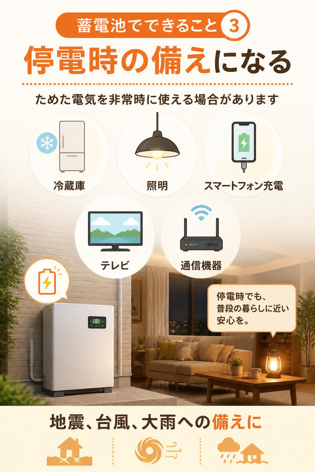 ### 3. 停電時の備えになる
蓄電池があると、停電時でもためた電気を使える場合があります。
冷蔵庫、照明、スマートフォン充電、テレビ、通信機器など、非常時に必要な電気を確保しやすくなります。
宮城県は地震や台風、大雨などの災害リスクもあります。
万が一の停電に備えたい方には、蓄電池は心強い設備です。