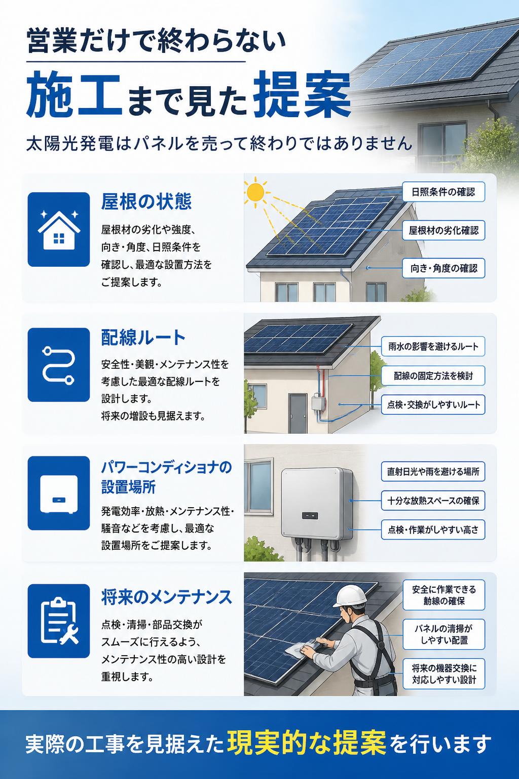 営業だけで終わらない、施工まで見た提案

太陽光発電は、パネルを売って終わりではありません。
屋根の状態、配線ルート、パワーコンディショナの設置場所、将来のメンテナンスまで考える必要があります。

Sol Homeでは、実際の工事を見据えた現実的な提案を行います。