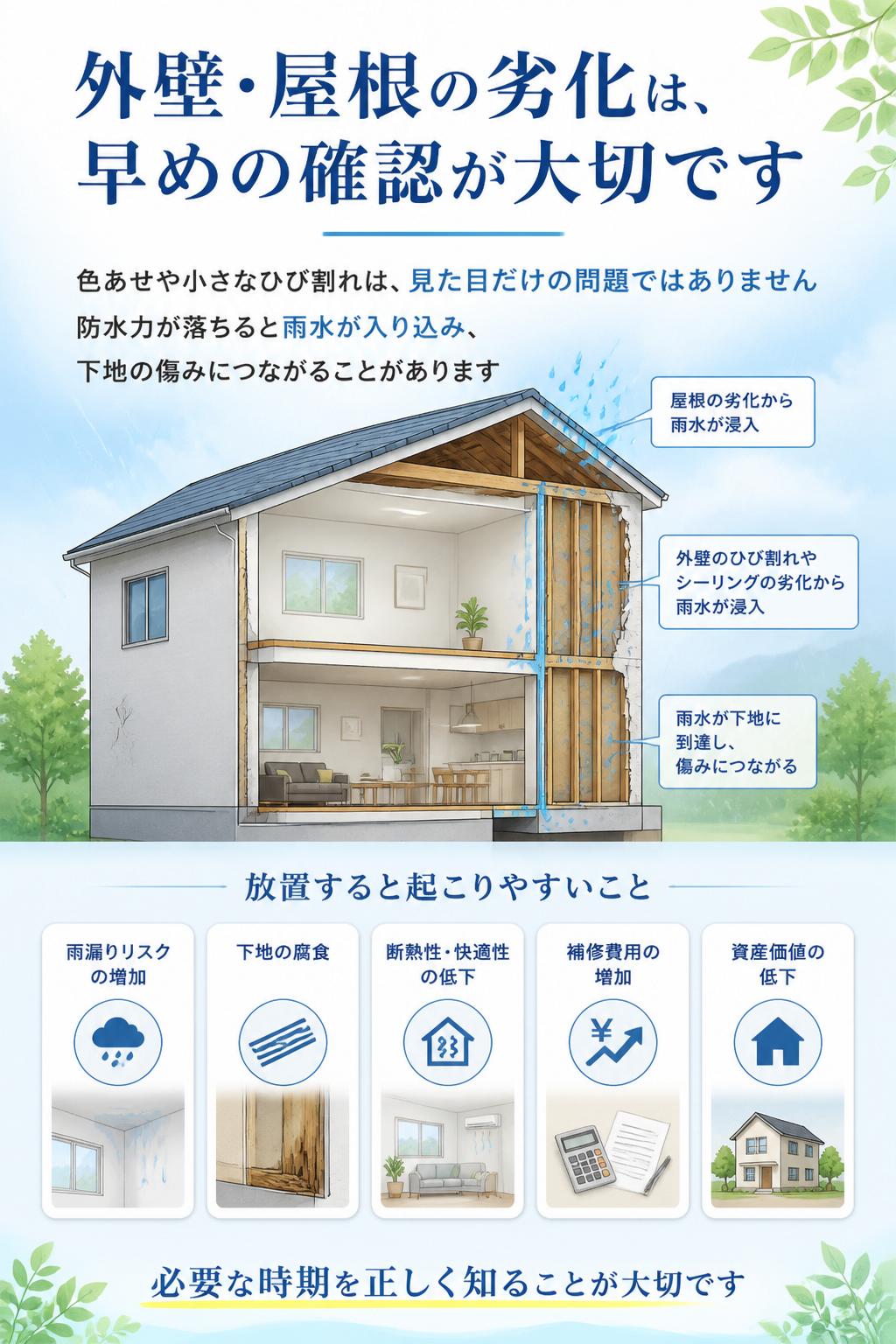 外壁・屋根の劣化は、早めの確認が大切です
色あせや小さなひび割れは、見た目だけの問題ではありません。塗膜の防水力が落ちると、雨水が入り込みやすくなり、下地の傷みにつながることがあります。
放置すると起こりやすいこと
雨漏りリスクの増加
外壁内部や屋根下地の腐食
断熱性・快適性の低下
補修範囲が広がり費用が増える
住まいの資産価値低下
不安をあおるためではなく、必要な時期を正しく知ることが大切です。