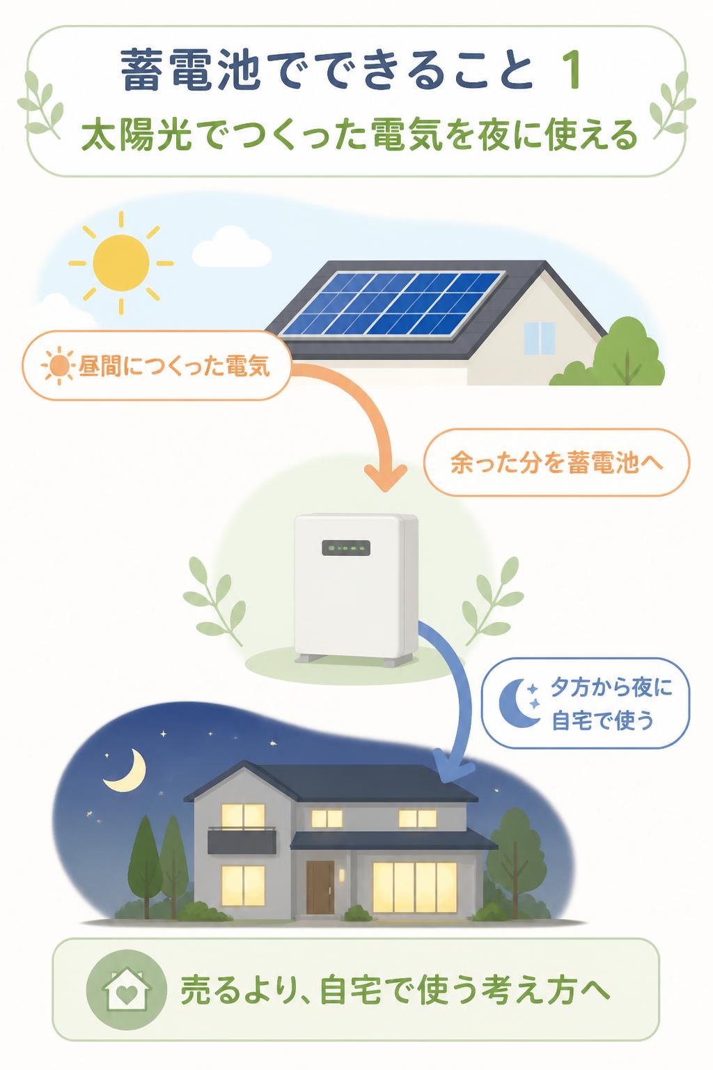 ## 蓄電池でできること
### 1. 太陽光でつくった電気を夜に使える
太陽光発電は昼間に電気をつくります。
しかし、昼間に使い切れなかった電気は売電されます。
蓄電池を設置すると、昼間の余った電気をためて、夕方から夜に使うことができます。
売電単価が下がっている今は、「売る」よりも「自宅で使う」考え方が大切です。