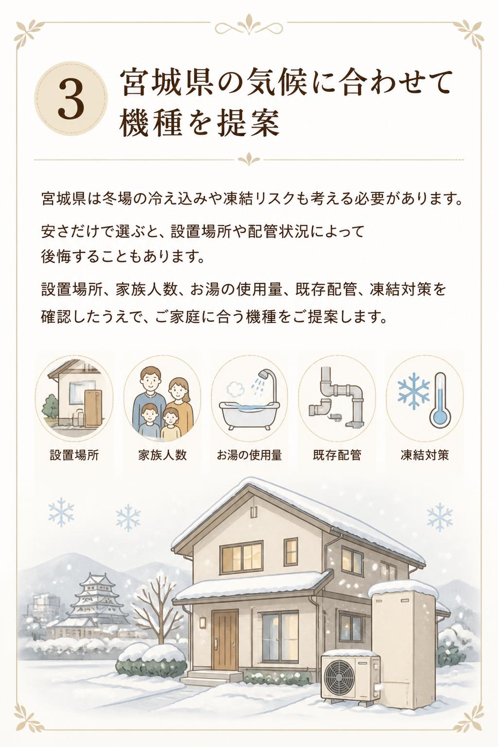 ### 3. 宮城県の気候に合わせて機種を提案

宮城県は冬場の冷え込みや凍結リスクも考える必要があります。
安さだけで選ぶと、設置場所や配管状況によって後悔することもあります。

Sol Homeでは、設置場所・家族人数・お湯の使用量・既存配管・凍結対策を確認したうえで、ご家庭に合う機種をご提案します。