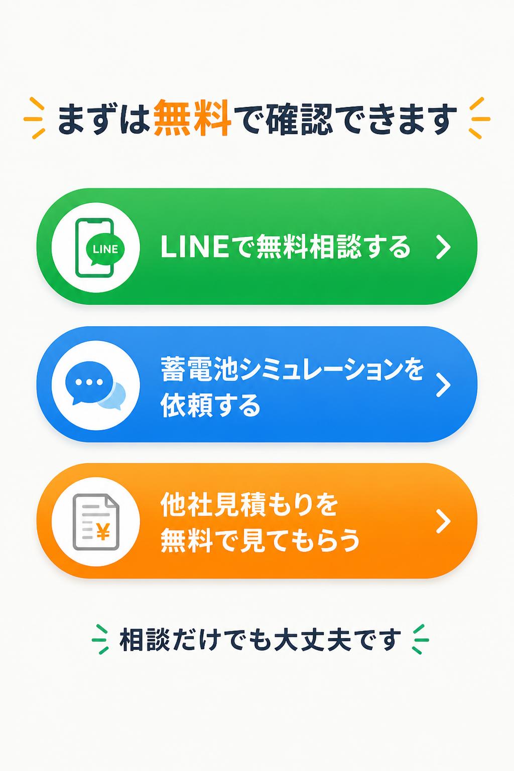 【LINEで無料相談する】
【蓄電池シミュレーションを依頼する】
【他社見積もりを無料で見てもらう】