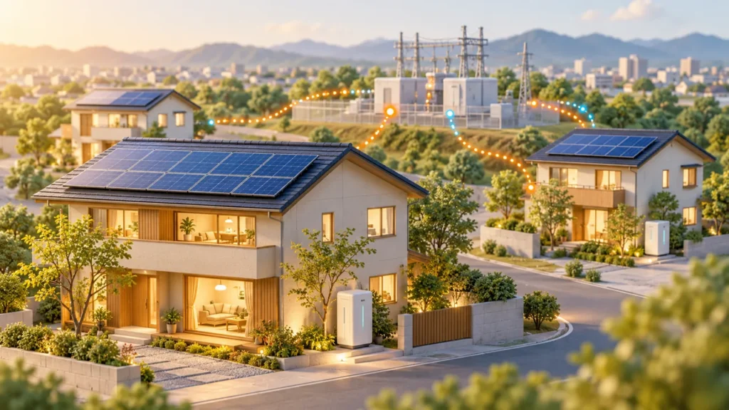 家庭用蓄電池と電力網の連携を表すイメージ（AI生成）