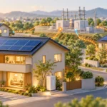 家庭用蓄電池と電力網の連携を表すイメージ（AI生成）