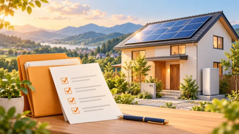 太陽光・蓄電池のある住宅と補助金申請書類のイメージ（AI生成）