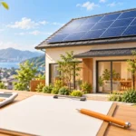 太陽光と蓄電池の導入を検討する住宅と計算道具のイメージ（AI生成）