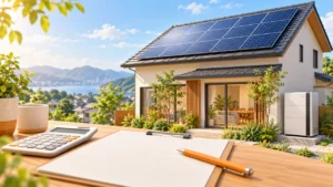 太陽光と蓄電池の導入を検討する住宅と計算道具のイメージ（AI生成）