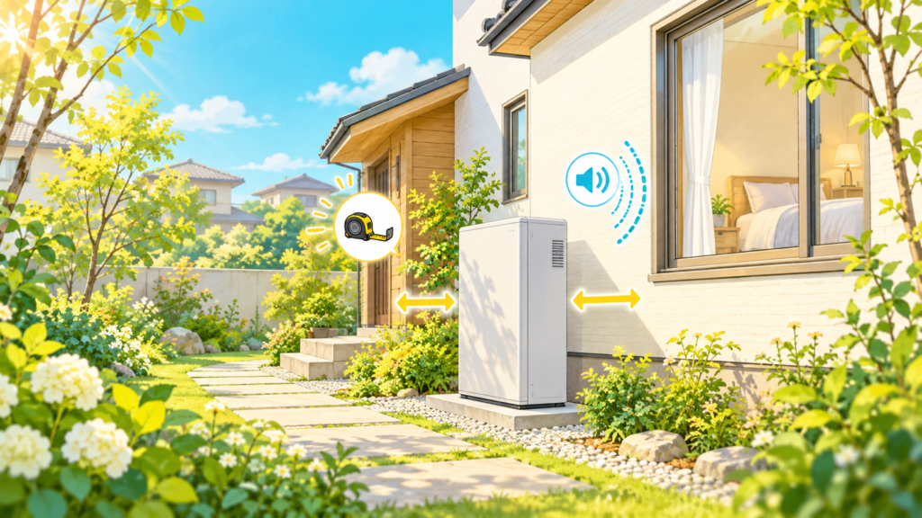 住宅の外壁付近にある蓄電池と、周囲の空間や通路を確認するイラスト