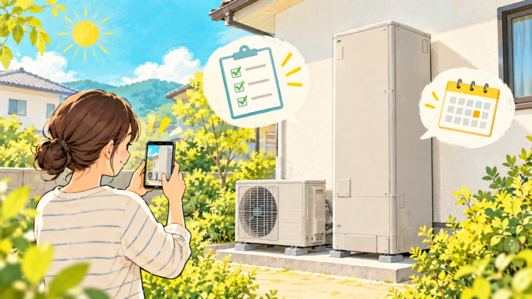 エコキュートのタンクとヒートポンプを地面からスマートフォンで撮影するイラスト