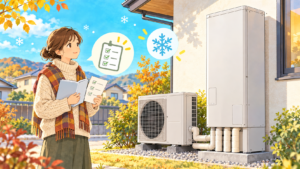 冬前にエコキュートの説明書とチェックリストを確認する住宅のイラスト