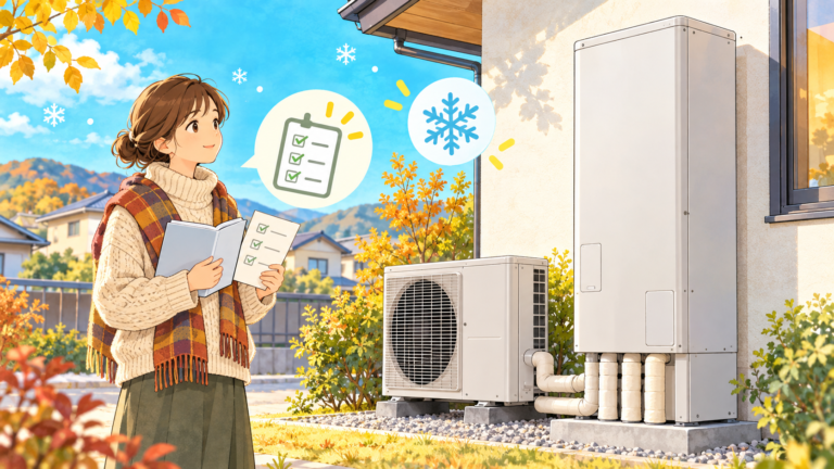 冬前にエコキュートの説明書とチェックリストを確認する住宅のイラスト