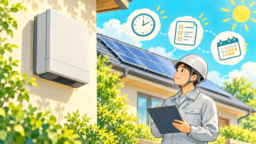 閉じたパワーコンディショナと太陽光のある家の前で点検書類を確認する担当者のイラスト