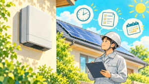閉じたパワーコンディショナと太陽光のある家の前で点検書類を確認する担当者のイラスト