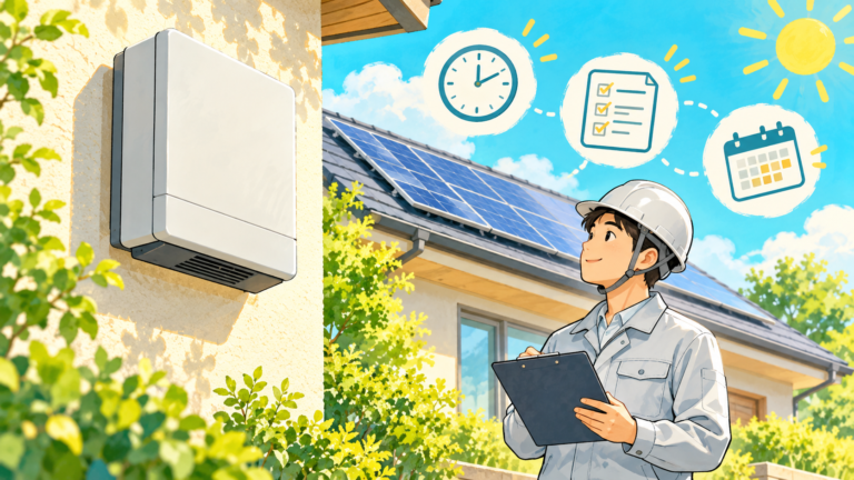閉じたパワーコンディショナと太陽光のある家の前で点検書類を確認する担当者のイラスト