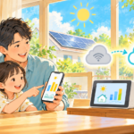 太陽光のモニター、スマートフォン、Wi-Fiルーターと通信を表すアイコンのイラスト