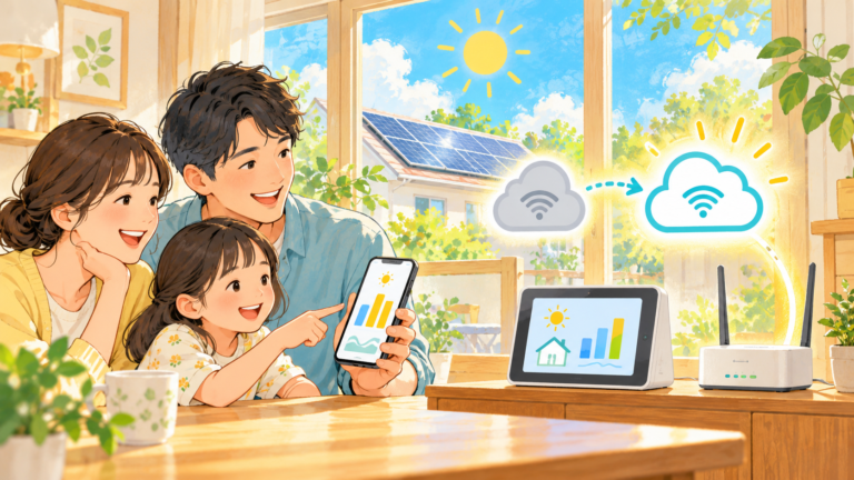太陽光のモニター、スマートフォン、Wi-Fiルーターと通信を表すアイコンのイラスト