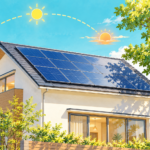 太陽光パネルのある屋根に隣の木の影がかかり、日射の時間変化を表したイラスト