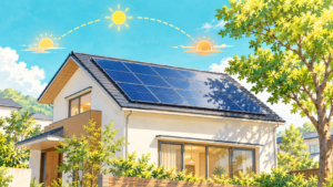 太陽光パネルのある屋根に隣の木の影がかかり、日射の時間変化を表したイラスト