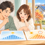 太陽光の発電予測を示す資料を見比べながら相談する家族のイメージイラスト