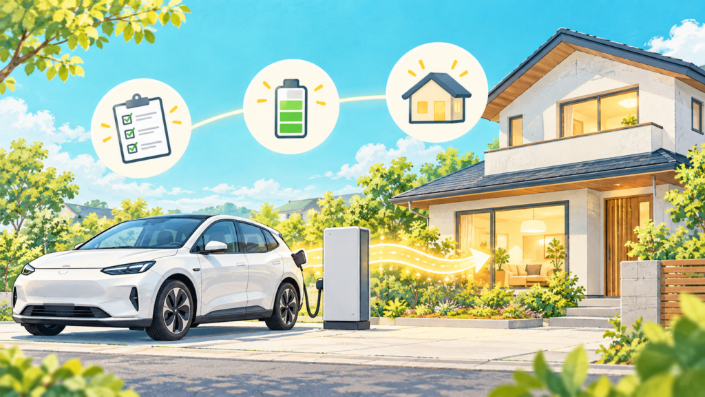 電気自動車とV2H設備から住宅への給電を表したイラスト